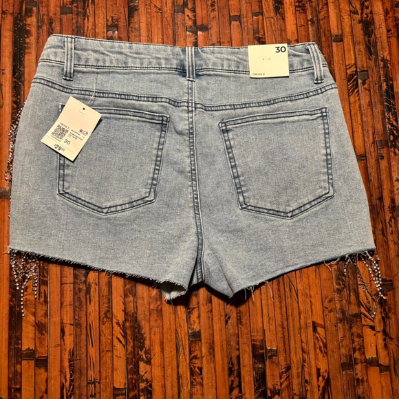 Rhinestone Fringe Blue Jean Denim Short Shorts, Forever 21 - Picture 2 of 8